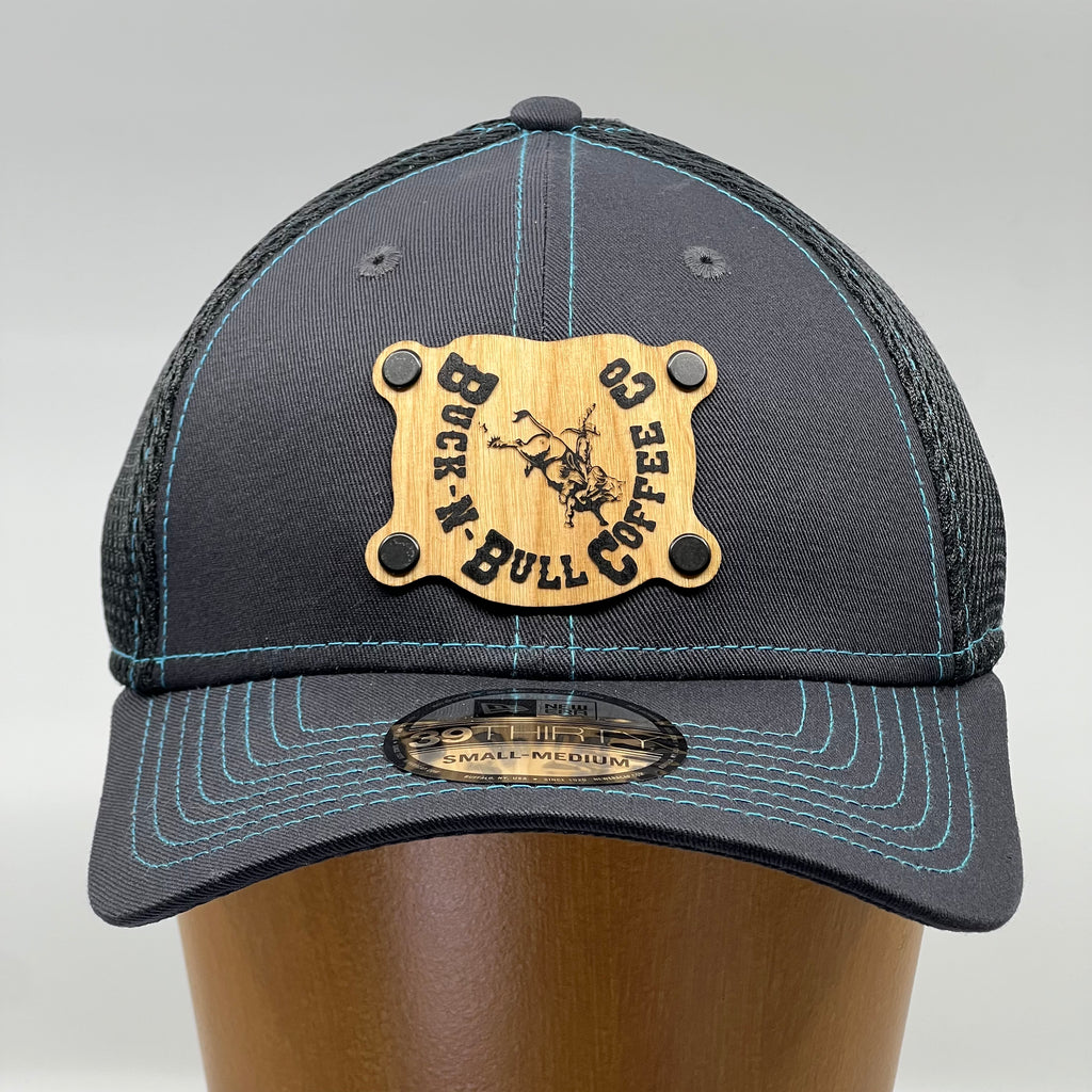 A custom wood patch hat with the logo for Buck-N-Bull Coffee Co