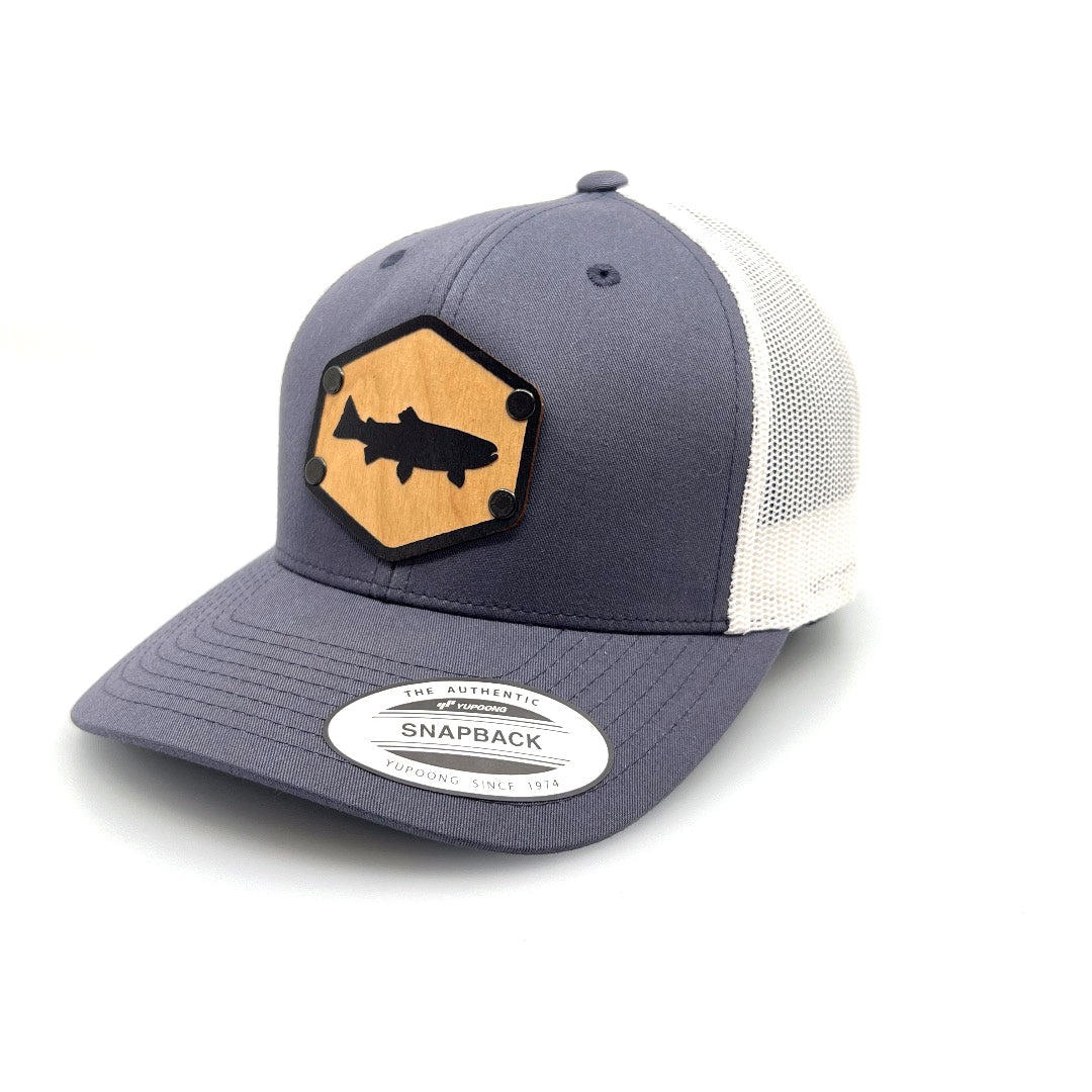 Steel Grey & White Mesh All Wood Patch Trout Silhouetted Trucker Hat – Last  Best Supply Co