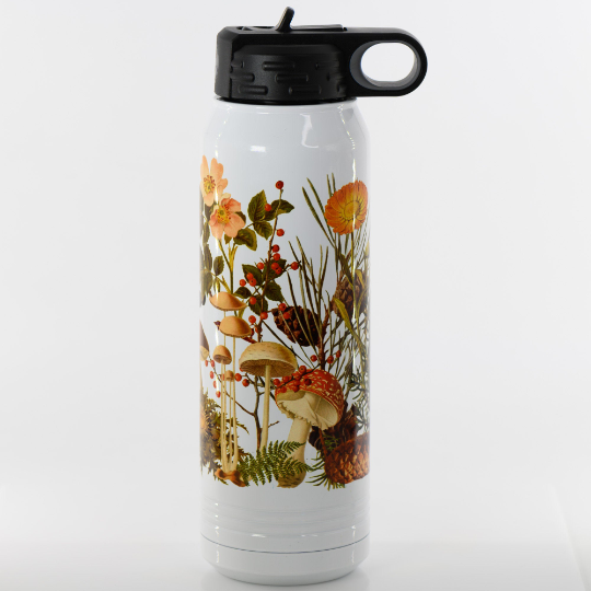 This 30 oz  water bottle has a screw on lid with a flip up straw and a  gtip loop.  It is adorned in a  white enamel that is printed with botanical flora. .